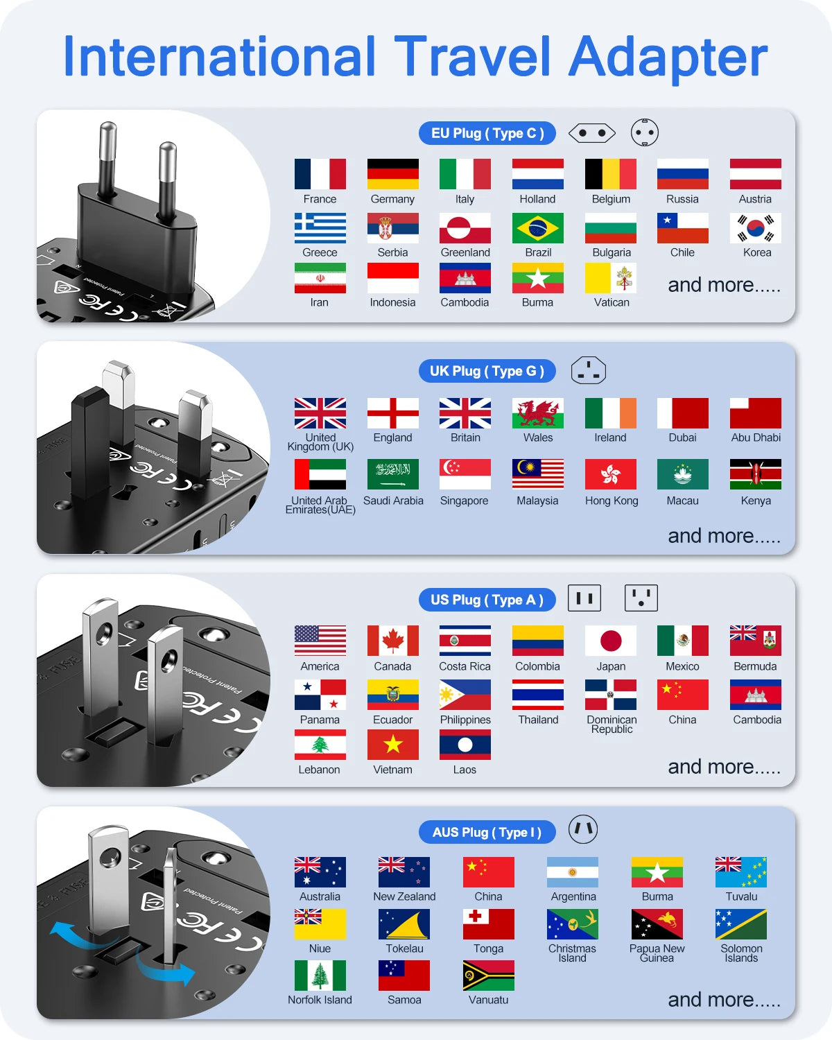 Universal travel adapter for multi-country charging