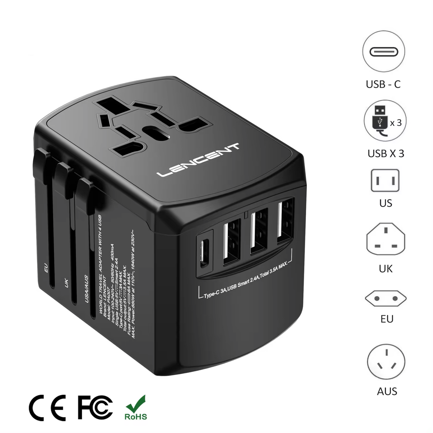 Universal travel adapter for multi-country charging